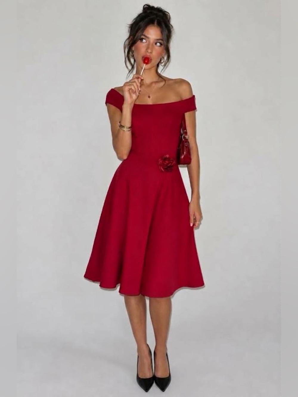 Vintage Red Ruby Rox off the shoulder dress with red and black rose